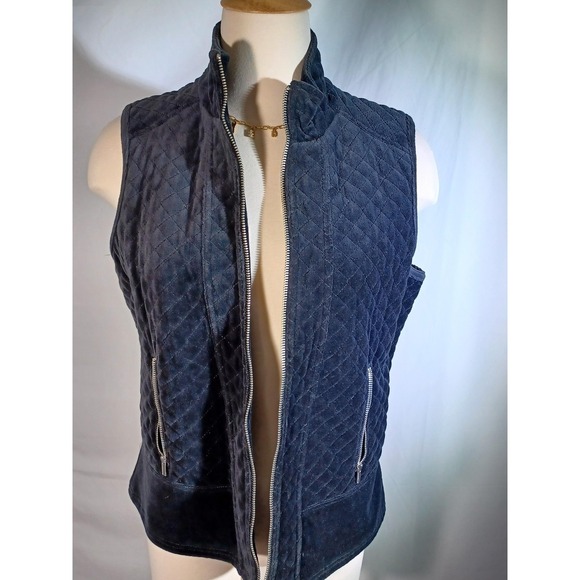 Liz Claiborne Jackets & Blazers - Liz Claiborne Vest Womens Petite Medium PM Blue Quilted Velour Full Zip Pockets